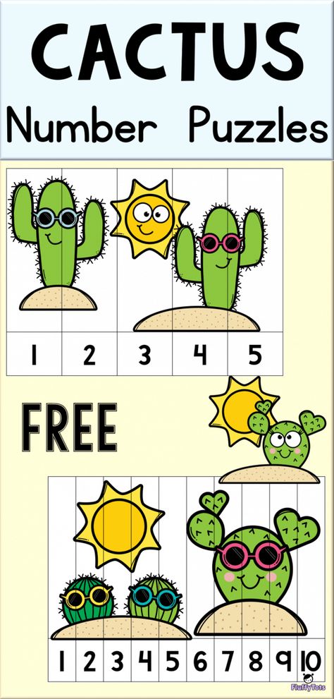 FREE Cactus Number Puzzle Games | Fun counting with cool cactus with shades! For Preschool, PreK and Kindergarten. Perfect for students to learn counting numbers from 1-5 and from 1-10. #SummerPreschool #PreschoolMath #LearningNumbers #PreschoolActivities #KidsLearning #Preschool #PreschoolThemes #mathcenter #kindergarten #homeschooling #math #counting Pre K, Puzzles, Number Games, Number Games Preschool, Numbers Preschool, Number Puzzle Games, Number Puzzles, Preschool Math Games, Desert Math Activities Preschool