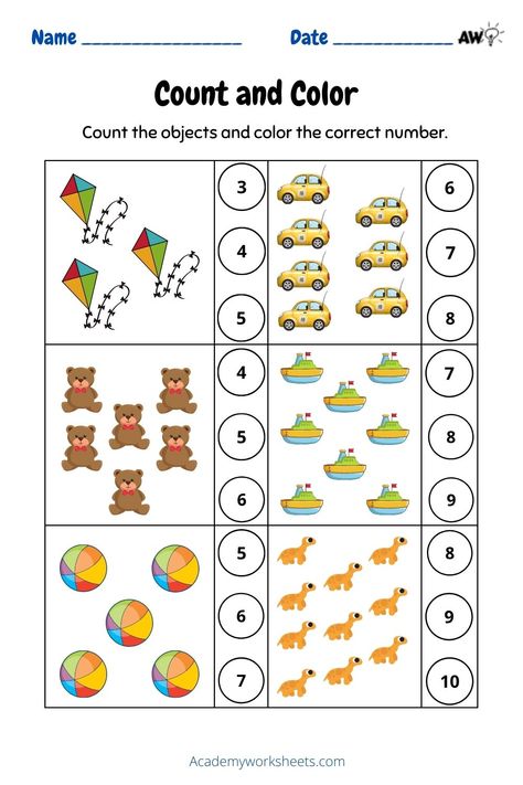 Count, match and color the number to the objects. Decoration, Kinder, 10 Things, Escuela, School Worksheets, Numbers Kindergarten, Kindergarten Math, Counting Objects, Numbers For Kids