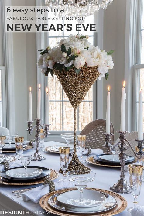 New Years Eve Table | Are you planning a New Years Eve party at home? Here are 6 simple and easy steps for setting a gorgeous New Years Eve table. -----> #glamtablesettings #beautifultablesettings #holidaytablesettings #newyearsdecorations #newyearsdecorationideas #newyearstablesettings #newyearsdecor #newyearsdecorideas #tablesettings #tabledecorations #tablescapes #tablecenterpieces #tabledecor #eleganttablesettings #tablesettingideas New Years Eve Table Setting, New Years Eve Weddings, New Years Eve Dinner, New Years Eve Decorations, New Years Eve Party, Party Themes, Party Table Decorations, New Years Dinner, Party Theme