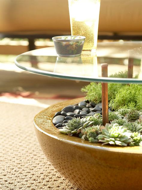 Make Furnishings Work Twice as Hard  Because space is often at a premium in outdoor living areas, furniture and accessories have to do double-duty. Benches may have storage space underneath; tables may also be containers. Here, this pretty side table features a stunning container planted with low-maintenance succulents that add color and texture under a raised tempered-glass top resting on copper supports. Design, Diy, Inspiration, Dekorasyon, Jardim, Dekoration, Tips, Tuin, Deco