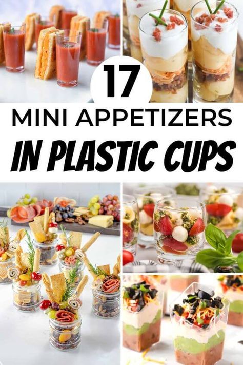 mini-appetizers-in-plastic-cups Dessert, Snacks, Desserts, Appetizer Display, Appetizer Table Display, Mini Food Appetizers, Charcuterie Party, Mini Appetizers, Party Canapes
