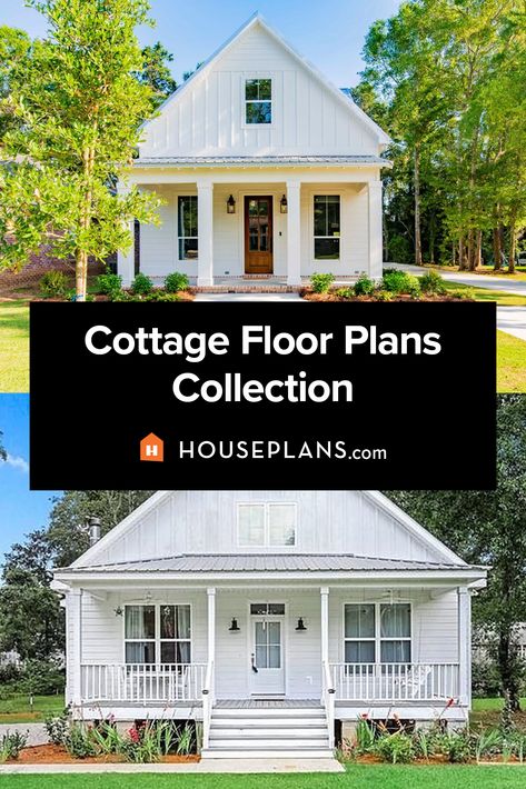 two white cottage house plans - each with a front porch Metal, Inspiration, Cottage House Plans, Farmhouse Cottage House Plans, Large Cottage House Plans, Country Cottage House Plans, Farmhouse Cottage Plans, Small Cottage House Plans, Craftsman Cottage House Plans