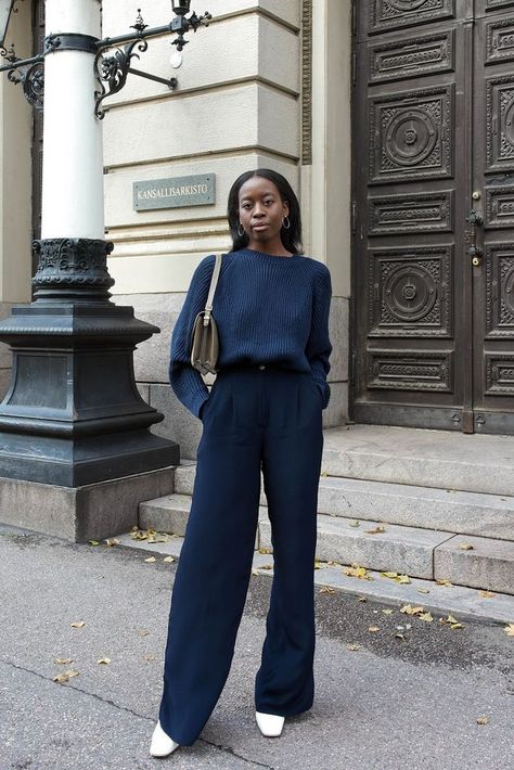 NAVY BLUE | Sylvie Mus | Bloglovin’ Outfits, Casual, Casual Outfits, Navy Pants Outfit, Navy Outfits, Navy Outfit, Navy Blue Outfits, Wide Leg Trousers Outfit, Stylish Work Outfits