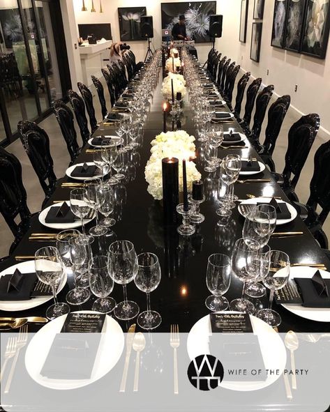 Black laquer table, black dinner chairs, a black and white tablescape with white florals and gold flatware. It was a dream! Decoration, Ideas, Parties, Black Dinner Tables, White Table Settings, Gold Table Setting, Black Party Decorations, Dinner Party Table, Dinner Party Decorations