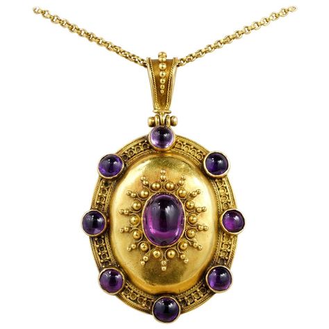 Rare Victorian Carlo Giuliano Etruscan Revival Amethyst Locket | From a unique collection of vintage Pendant Necklaces at https://www.1stdibs.com/jewelry/necklaces/pendant-necklaces/. Victoria, Metallica, Antique Locket, Victorian Pendant Necklace, Antique Jewelry, Victorian Pendants, Antique Jewellery, Victorian Jewelry, Antique Brooches