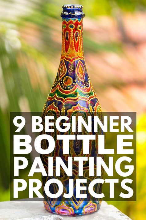 Upcycling, Acrylics, Crafts, Patchwork, Painting On Wine Bottles, Crafts With Glass Bottles, Recycled Wine Bottle Art, Diy Glass Bottle Crafts, Glass Bottle Diy Projects