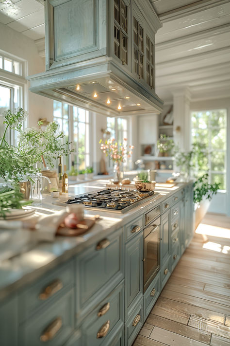 french style kitchen, french kitchen, traditional french country kitchen French Farmhouse Kitchens, French Cottage Kitchens, Blue Kitchen Ideas, French Style House, French House Design, Cottage Style Homes Interior, Modern French Country Decorating, Modern French Country Kitchen