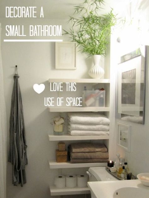 Floating shelves create space in the   narrow area by toilet (just remember there are lots of germs in this   area). Home, Bathroom Ideas, Home Organisation, Home Décor, Small Downstairs Toilet, Downstairs Toilet, Small Storage, Home Organization, Bathrooms Remodel