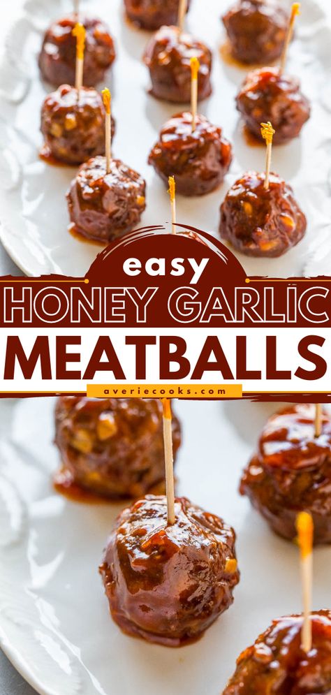 Sticky Honey Garlic Meatballs - Averie Cooks Holiday Meatball Appetizers, Bbq Cocktail Meatballs, Meatball Recipes Bbq, Honey Bbq Meatballs, Meatballs For A Crowd, Mini Meatball Recipes, Mini Meatballs Appetizers, Easy Cocktail Meatballs, Wedding Deserts