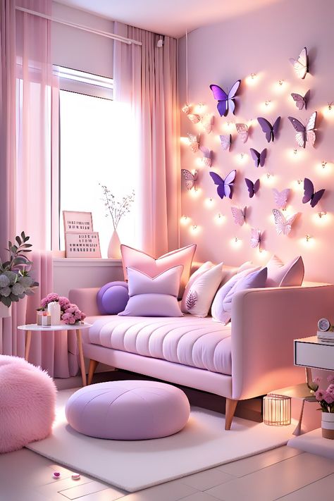 It's a soft purple and pink, pretty butterfly living room. It's got tiny butterflies stuck to the wall with fairy lights in between. A white rug some pink flowers to add and more such details make the room look beautiful as a dream. Purple Bedroom For Girls, Bedroom Ideas Pink And Purple, Purple Room Design Bedrooms, Butterfly Living Room Ideas, Living Room With Pink Walls, Purple Room Wall Ideas, Pink Dream Bedroom, Purple Butterfly Room Ideas, Pink And Purple Toddler Girl Room