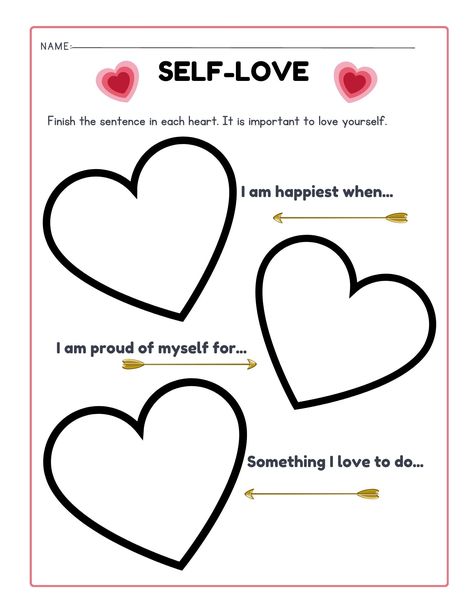 Self-love is important to teach, especially on Valentine's Day! Try this activity with your students or kiddo! English, Coping Skills, Pre K, Self Esteem Crafts, Self Esteem Activities, Self Esteem Worksheets, Empowerment Activities, Positivity Activities, Women Empowerment Activities