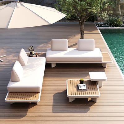 5 Pieces Modern L Shape Outdoor Sectional Sofa Set with Wood Coffee Table White & Brown-Homary