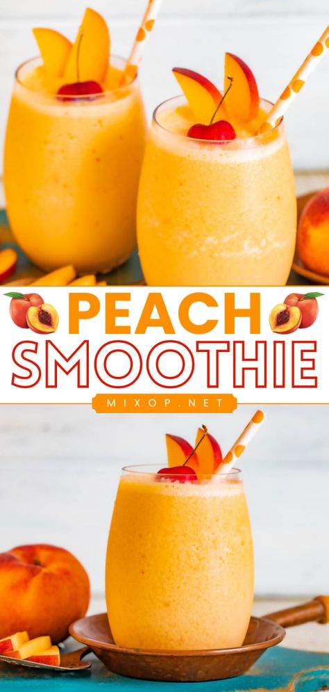 Delight family and friends with this non-alcoholic drink! Not only is this easy peach smoothie creamy and silky with an extraordinary tropical flavor, but it also has antioxidant components. Save this refreshing, delicious smoothie recipe! Healthy Drinks Recipes Alcohol, Peach Slushies Non Alcoholic, Peach Orange Smoothie, Peach Colada Recipe, Smoothie Recipes With Juice, Fresh Peach Drinks Non Alcoholic, Smoothie Recipes With Peaches, Peach Non Alcoholic Drinks, Scooters Peach Smoothie Recipe