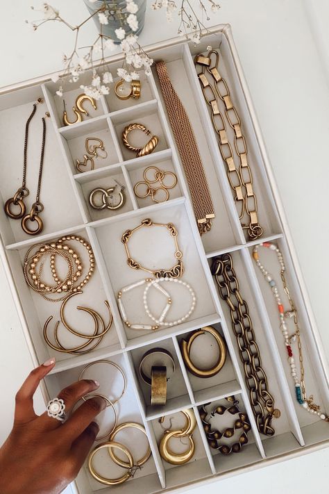 Gold and Brass Jewelry Collection | The Tennille Life #jewelry #fashion #womensfashion Organisation, Dressing, Bijoux, Jewellery Boxes, Instagram, Wardrobes, Jewlery Box, Jewelry Armoire, Jewlery