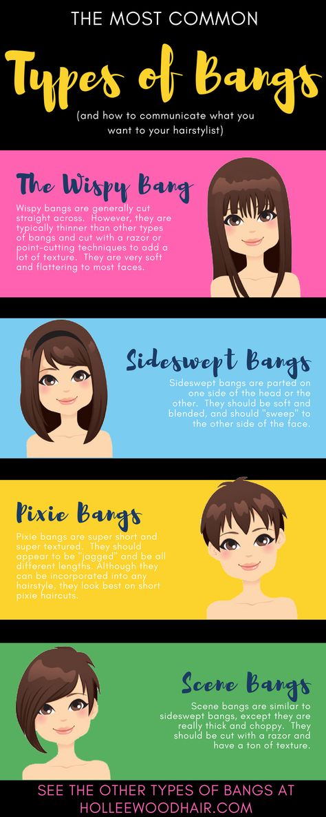There are many different types of bangs, so which one is right for you?  The first step is to know the difference between all of them.  #Hairstyles #Bangs #HairKnowledge Fringes, How To Cut Bangs, Different Types Of Hairstyles, How To Style Bangs, Cut Bangs, Bangs, Wispy Bangs, Curly Hair Styles Naturally, Haircuts With Bangs