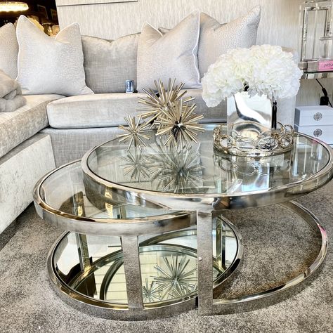 Home Décor, Coffee Tables, Round Coffee Table Living Room, Round Coffee Table, Coffee Table Stand, Round Glass Coffee Table, Glass Coffee Table Decor, Coffee Table Styling, Silver Coffee Table