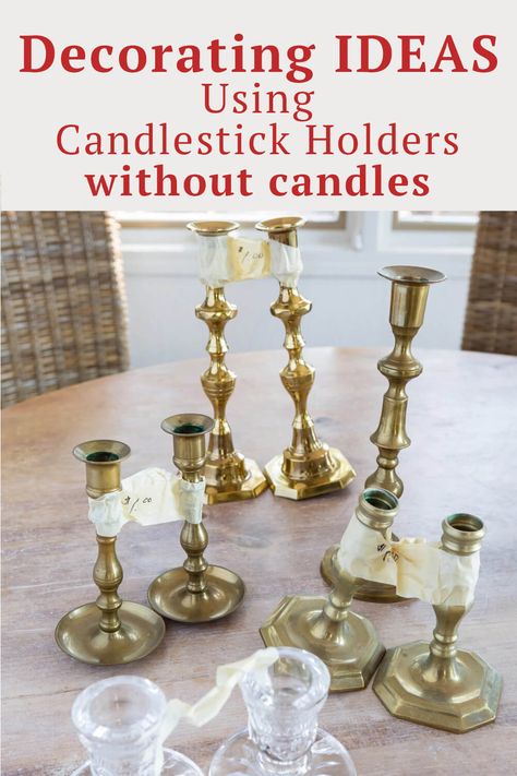 How to use candlesticks without candles when home decorating. Many easy and doable ideas using the candle holders you already own in new and creative ways. Recycling, Design, Candle Holder Makeover, Candle Stick Holders Repurposed, Diy Candlestick Holders, Repurposed Candle Holders, Candlestick Makeover, Repurposed Candle Sticks, Diy Brass Candlestick Holders
