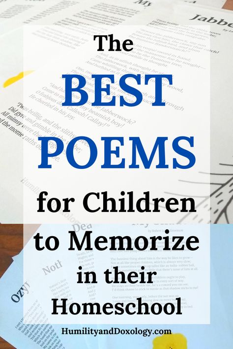 What are the best poems for kids to memorize? Read this post to discover poems every child (and adult) should know by heart! #poetryteatime #homeschool #morningtime #morningbasket Reading, English Poems For Kids, Best Poems For Kids, Easy Poems For Kids, Poems For 5th Graders, Poems About School, Simple Poems For Kids, Teaching Poetry, Childrens Poetry