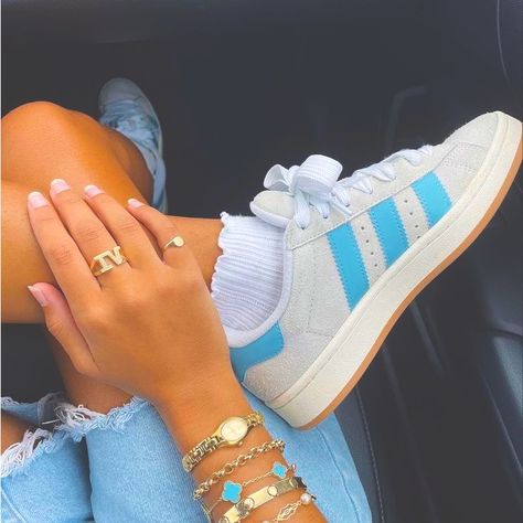 Unique Blue Striped Adidas Campuses | Trending | Unique | Summer | Super Cute | #Adidas #Adidascampus #Blueadidas #Blueadidascampuses #Shoes #Trendingshoes Casual Adidas Shoes, Shoes That Are Trending, Shoes In Style 2024, Cute Shoes Adidas, Adidas Shoe Outfits, Cute Sneakers Aesthetic, Addidas Shoes Campus 00s, Shoes You Need, Cute Preppy Outfits Summer