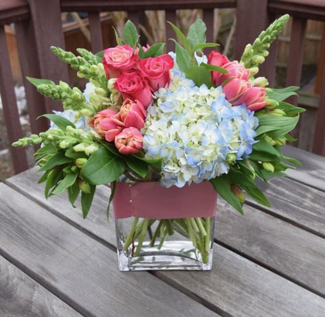 Flower arrangement with tulips, snapdragons, roses, and hydrangeas. Floral Arrangements, Floral, Bouquets, Floral Arrangements Diy, Flower Arrangements Center Pieces, Flower Centerpieces, Flower Arrangements Diy, Spring Flower Arrangements Centerpieces, Flower Arrangements