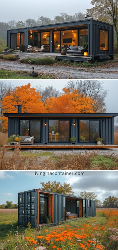 Explore the elegance of this sleek charcoal container home, a serene escape surrounded by autumnal beauty. #shippingcontainerhomes #architecture #containerhouse #containerhousedesign #containerhouseideas #containercabin #tinyhousedesign #containerhomes #housedesign #beforeandafterhome