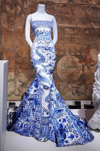 Blue dragon print dress by Roberto Cavalli is seen on display at the Metropolitan Museum of Art's "China: Through the Looking Glass" presentation in New York City http://tomandlorenzo.com Roberto Cavalli, Vintage Fashion, Haute Couture, Barbie, Donna, Moda, Chiffon, Model, Couture Fashion