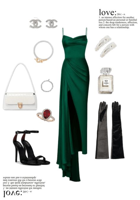 Long dress, green dress, jewelry, elegant, boujee, luxurious, channel Haute Couture, Outfits, Green Shift Dress, Long Gloves With Dress, Dress With Gloves Classy, Long Green Dress Formal, Green Dress Formal, Dress And Gloves, Dresses With Gloves