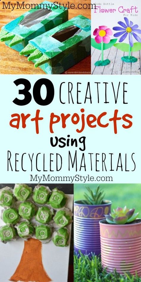 30 creative art projects using recycled materials Crafts, Recycling, Recycled Crafts, Diy, Pre K, Upcycling, Recycled Crafts Kids Projects, Recycled Crafts Kids, Crafts From Recycled Materials