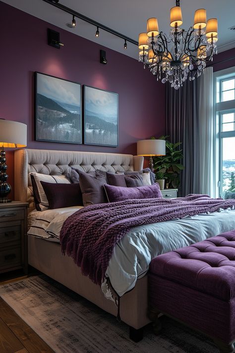 Make a dramatic statement with goth-inspired eggplant purple walls, black chandeliers, candles and rich velvets. Inspiration, Dark Purple Bedding, Purple Bedrooms, Purple Accent Wall Bedroom, Dark Purple Accent Wall Bedroom, Light Purple Bedroom Walls, Purple Bedroom Decor For Women, Bedroom Purple Walls, Dark Purple Bedroom Walls