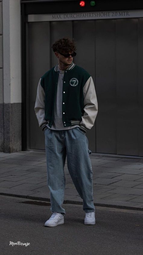 Outfits, Jeans, Mens Trendy Outfits, Streetwear Men Outfits, Mens Streetwear, Mens Fashion Streetwear, Guys Jeans, Sport Jacket Men Outfits, Varsity Jacket Outfit Mens