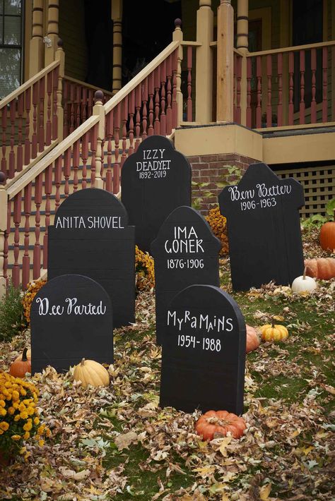 These simple DIY Halloween tombstones require a white paint pen, black paint, and a little inspiration.  #halloween #halloweenideas #diyideas #halloweendiy #bhg Spooky Halloween, Home-made Halloween, Diy Halloween Decorations, Halloween, Halloween Prop, Diy Tombstones Halloween Outdoor, Diy Halloween Tombstones, Halloween Tombstones Diy, Dollar Store Halloween Diy