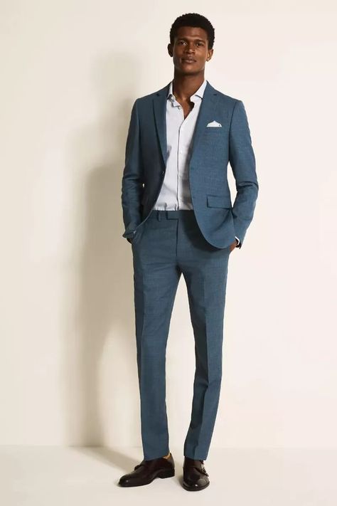 This blue wedding suit can be worn at any time of the year, and you can make it feel more appropriate for a spring wedding by pairing it with a pastel-colored shirt. It's a gorgeous color and the slim fit makes it perfect for a modern wedding. Click the link for more dapper spring wedding suits. // Photo: Moss Bros Suits, Casual, Mens Summer Wedding Suits, Slim Fit Suits, Blue Suit Men, Suit For Men Wedding, Men’s Suits, Mens Suits, Linen Suits For Men