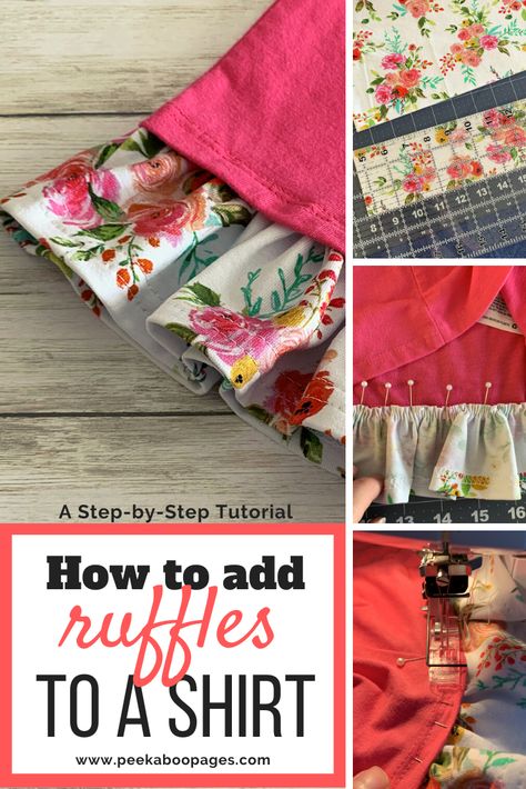 Hello! It's Stephanie from Stephie B's Designs here again with another fun tutorial. Today I'm going to show you how to add ruffles to the bottom hem of a shirt! This is such a cute Couture, Upcycling, How To Add Fabric To A Shirt, Add Fabric To Shirt, How To Add A Ruffle Hem, Adding Ruffles To A Tee Shirt, Diy Ruffle Sleeve Tshirt, T Shirt Hem Ideas, How To Sew Ruffles