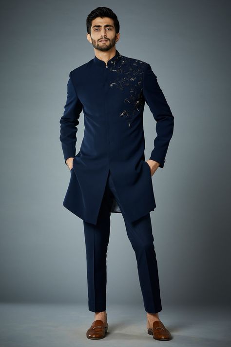 Shop for these amazing collections of Blue Polyester Embroidery Thread Constellation Placement Bandhgala Set For Men by Gargee Designers online at Aza Fashions. India, Jodhpuri Suits For Men, Gents Kurta Design, Indo Western Dress For Men, Indian Wedding Clothes For Men, Wedding Kurta For Men, Indian Men Fashion, Sherwani For Men Wedding, Indian Groom Wear