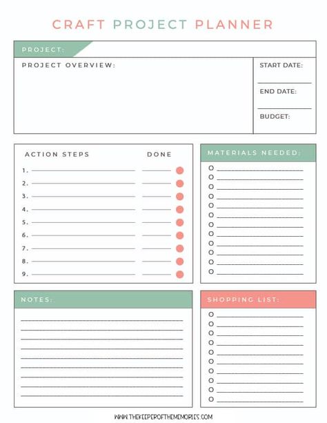 Free Printable Craft Project Planner - The Keeper of the Memories Diy, Organisation, Planners, Free Printable Planner, Printable Planner Pages, Printable Planner, Daily Planner Printables Free, Craft Planner, Study Organization Planners Free Printable