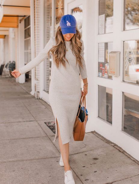 White Sneakers with Dress | Beige Dress and a Baseball Hat- My favorite summer style is the white sneakers with dress duo. The classic white sneaker style is timeless, casual and cute. Paired with a summer dress, white shoes are the ultimate fashion statement for summer and spring. #whitesneakers #whitesneakersoutfit ##whitesneakerswithdress #dress #summeroutfits #womensfashion #sneakersstyle #whiteshoes Instagram, Diy, Summer, Outfits, Trainers, Sweatshirt Dress, Comfortable Outfits, Outfits With Hats, Grey Shirt Dress