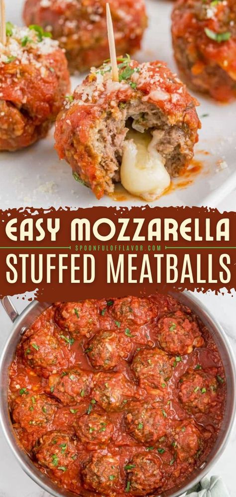 Easy Mozzarella Stuffed Meatballs, Game day food, football party finger foods, best snack ideas for Game day Dips, Pasta, Healthy Recipes, Desserts, Dessert, Cheese Stuffed Meatballs, Mozarella Stuffed Meatballs, Mozzarella Stuffed Meatballs, Cheese Stuffed Meatballs Baked