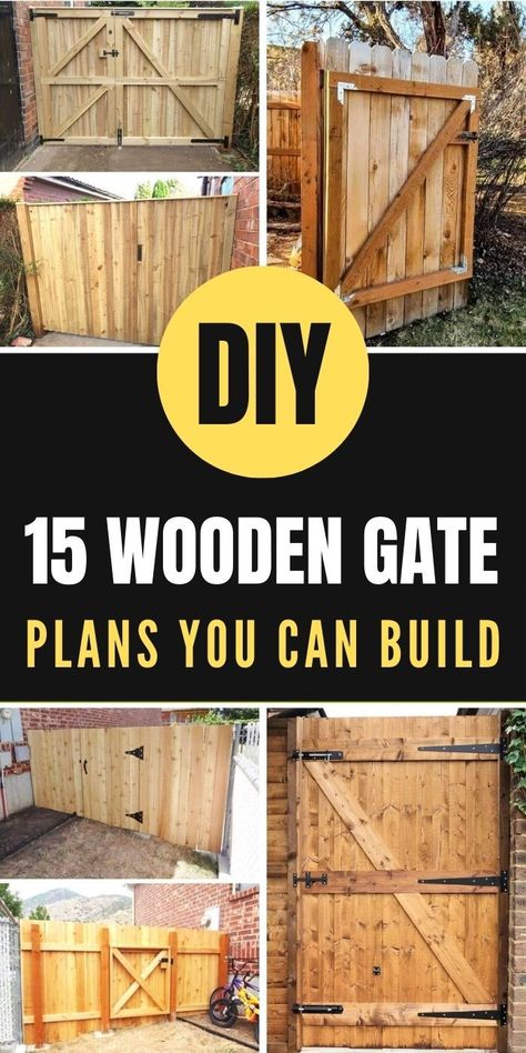 If you desire to build a new gate to add security and privacy for your beloved home. You should consider these DIY wooden gate plans. Wooden gates reflect a natural and warm charm where the home looks homelier and more welcoming. They can also blend in almost all features such as gardens, yards, plants, flowers. No worries if you have little experience in woodworking, all plans are easy to follow. Read more! Exterior, Gardening, Wooden Gate Plans, Wood Gate Diy, Double Wooden Gates, Wooden Gate Door, Building A Wooden Gate, Building A Fence Gate, Wooden Gate Designs