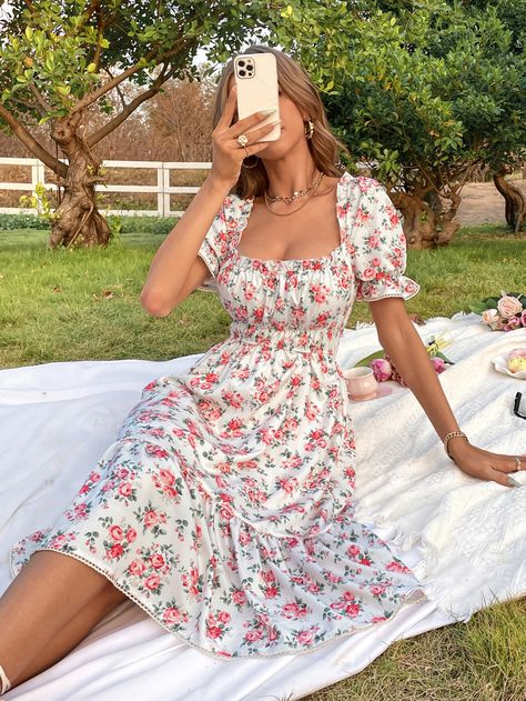 Multicolor Boho  Short Sleeve Polyester Floral A Line Embellished Non-Stretch Spring/Summer Women Dresses Outfits, Floral Top Outfit, Summer Flowy Dresses, Cute Flowy Dresses, Ruffle Summer Dress, Cute Summer Dresses, Floral Clothes Women, Floral Print Dress, Sundress With Sleeves
