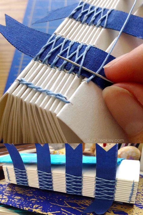 Blue French Link Stitch Journal Handmade by Ruth Bleakley Origami, Stamps, Diy, Cartonnage, Handmade Journals, Mini Albums, Bookbinding Tutorial, Handmade Books, Book Binding Diy