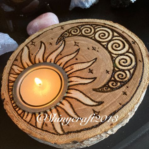 Pyrography Art Woodburning Inspired by Witchcraft and Nature, all are drawn and decorated entirely freehand so each will be unique. I make to order so any modifications can be made to make your order extra special and personal to you. I also sell products and prints of my original pen and ink art Diy, Wood Crafts, Decoration, Tea Light Holder, Wood Log Crafts, Wood Slice Art, Wood Slices, Wood Art, Wood Diy