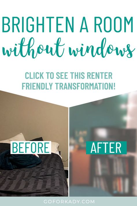 Rental apartments with rooms without windows are common in major cities, and it's hard to come up with dark bedroom ideas. Click here to find out how I made over my windowless guest room and turned a dark, boring space into a bright, cozy, chic office and guest room! Follow my dark bedroom makeover to see tips and ideas on how to use lights, paint and decor to brighten a rental apartment room with no windows on a budget! #apartmentmakeover #darkbedroom Ramen, Garages, Design, Interior, Windows, Bedroom Makeover, Apartment Makeover, Tiny Bedroom No Window, Living Room Without Windows