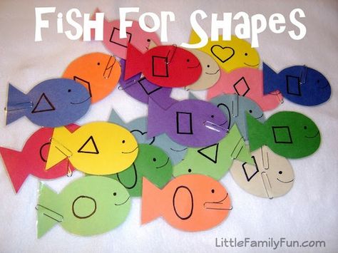 Fish for Shapes game...I could use this as a matching game for end-of-the-year review.  Specifically, I'd write the shape's name on one fish {cylinder} and draw a picture of it on another fish.  ~RA Toddler Activities, Toddler Crafts, Pre K, Crafts, Activities For Boys, Fun Activities For Toddlers, Fish Activities, Preschool Crafts, Preschool Activities