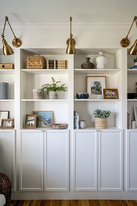 8 Items To Use For Easy Shelf Styling Home, Ikea, Ikea Billy Bookcase Hack, Ikea Billy Bookcase, Home Office Furniture, Living Room Bookcase, Ikea Billy, Built Ins, Living Room Shelves