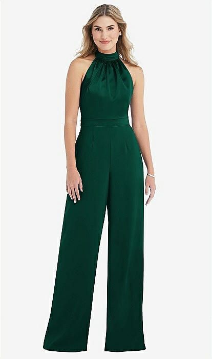 High-neck Open-back Jumpsuit With Scarf Tie In Hunter Green & Hunter Green | The Dessy Group Outfits, Dresses, Formal, Semi Formal, Dress, Dessy Collection, Giyim, Formal Wear, Vestidos