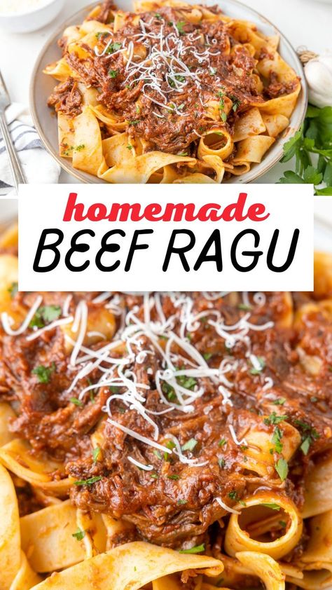 When you need a hearty yet simple family-friendly meal, this delicious Beef Ragù recipe made with tender beef, homemade pasta sauce, and pappardelle checks all the boxes! You’ll love the rich tomato sauce poured over your favorite pasta. Serve with a green salad and a crusty loaf of bread for a filling meal! Pasta, Beef Recipes, Homemade Beef, Slow Cooked Beef, Easy Beef, Beef Ragu Recipe, Meat Sauce Recipes, Beef Ragu, Beef Pasta