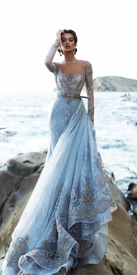 21 Adorable Blue Wedding Dresses For Romantic Celebration ❤  blue wedding dresses a line with long sleeves gold lace tarikedizofficial #weddingforward #wedding #bride Gowns, Evening Gowns, Wedding Gowns, Ball Gowns, Gowns Dresses, Gorgeous Gowns, Elegant Dresses, Beautiful Gowns, Bridal Gowns