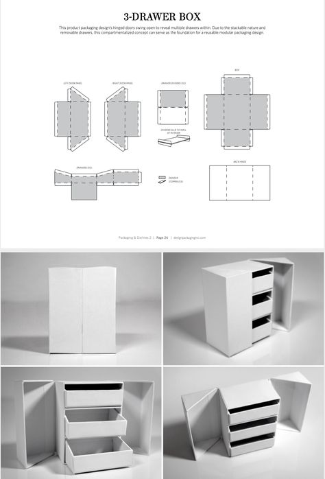 This product packaging design’s hinged doors swing open to reveal multiple drawers within. Due to the stackable nature and removable drawers, this compartmentalized concept can serve as the foundation for a reusable modular packaging design.#packaging_dieline #dielines #design #shopping_bag #box Diy, Rum, Design, Miniature, Cartonnage, Bricolage, Knutselen, Banner, Case