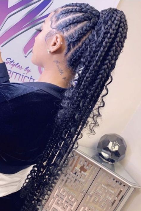 17 Stunning Braids With Curly Hair You Must Try In 2023 Plaited Ponytail, Box Braids, Feed In Braids Ponytail, Box Braids Hairstyles For Black Women, Big Box Braids Hairstyles, Cute Box Braids Hairstyles, Braided Ponytail, Braided Ponytail Hairstyles, Cute Braided Hairstyles