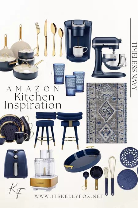 Inspiration, Amazon Kitchen Decor, Blue Kitchen Accessories, Blue Kitchen Decor, Navy Kitchen, Black Kitchen Decor, Teal Kitchen Decor, Kitchen Decor Apartment, White Kitchen Decor